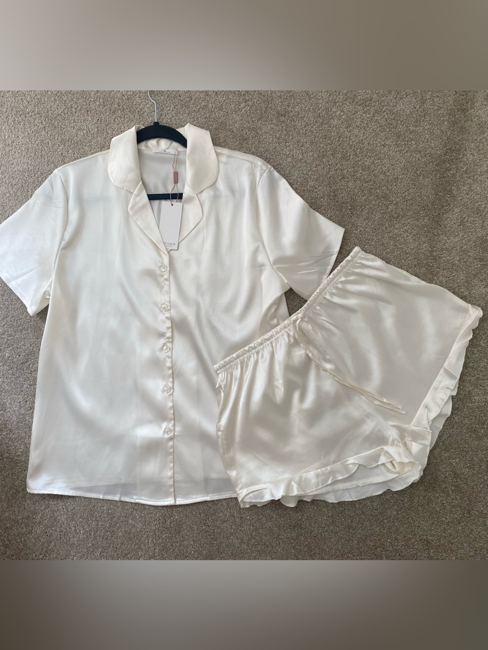 Amazon Cream Satin Short Sleeve Pajama Set - Button Front Top & Ruffle Shorts